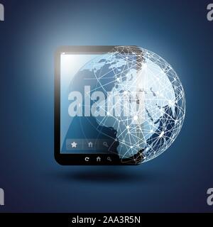 Abstract Dark Blue Global Mobile Networks Concept Creative Design with Digital Earth Globe and Tablet PC - Illustration in Freely Scalable Vector Stock Vector