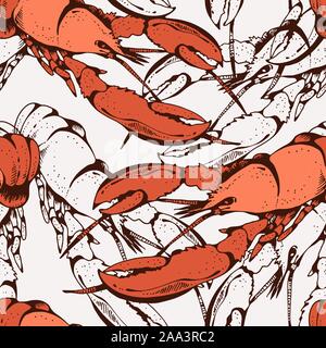 Lobster seamless pattern, vector seafood background, food texture Stock Vector