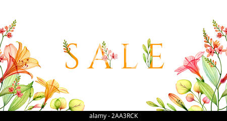 Watercolor sale banner with transparent lily and freesia. Colourful tropical flowers isolated on white. Botanical illustration for wedding design Stock Photo