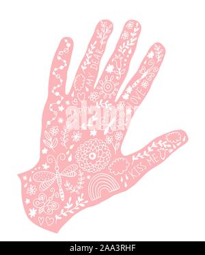 Decorative design with vector hand and floral elements, flowers and leaves, love card doodle set in hand drawn style Stock Vector