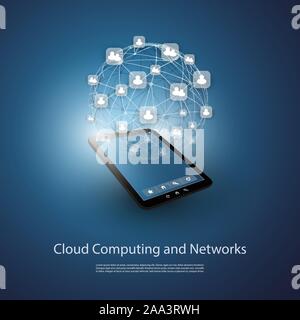 Social Networks, Global Cloud Technology or Informatics Concept Design Template with Tablet PC and Grid of Connected Users - Vector Stock Vector