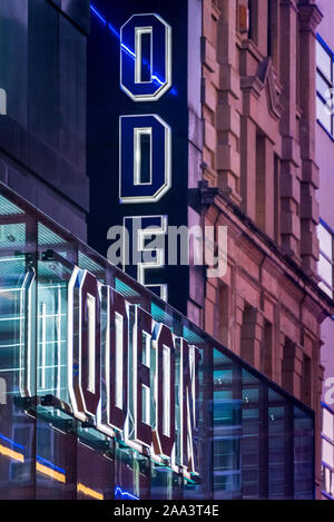 Odeon Leicester Square London - signs on the prestigious London cinema often used for premiers. Built in the Art Deco style, completed 1937. Stock Photo
