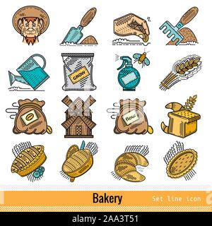 Big set of All steps of bakery product outline web color icons Stock Vector