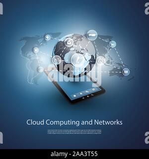 Global Networks Concept Design with World Map Background, Earth Globe and Tablet PC in the Center and Connected Icons - Vector Stock Vector