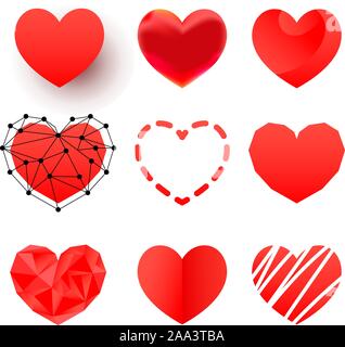 Flat lay, geometric, polygonal red heart vector icons, love symbol collection. Design Elements Set Stock Vector