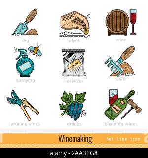 Set of All Steps of Winemaking Outline Color Web Icons Stock Vector
