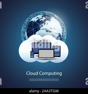Global Networks Concept Design with Earth Globe, Worldwide Networks, Cloud and Computing Devices in the Center - Illustration in Vector Fornat Stock Vector