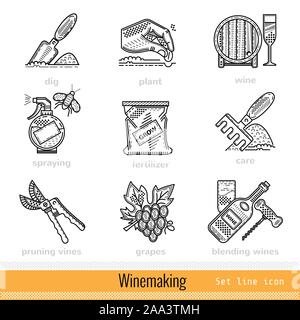 Set of All Steps of Winemaking Outline Web Icons Stock Vector