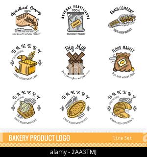 Set of color line logo for grain, flour, agricultural company and bakery isolated on white Stock Vector