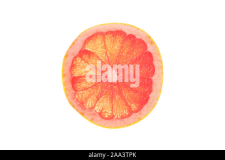 Backlit slice of grapefruit isolated on white background Stock Photo