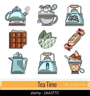 Set of Color Outline Web Icon. Tea Time Stock Vector