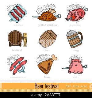 Set of Color Beer Festival Outline Web Icon Stock Vector