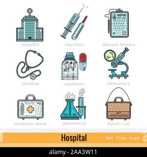 Set of Color Hospital Outline Web Icons Stock Vector