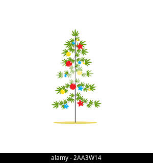 Christmas tree made from hemp branches decorated with balls and stars on a white background. Stock Photo