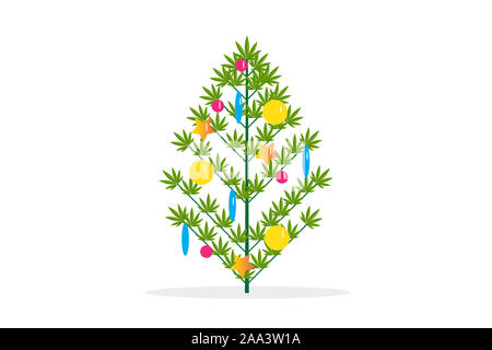Christmas tree made from hemp branches decorated with balls and stars on a white background. Stock Photo