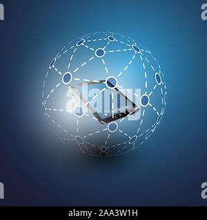 Modern Style Dark Blue Wired and Mobile World Wide Digital Communication, Global or Social Networks Concept Design - Tablet PC in the Center - Vector Stock Vector