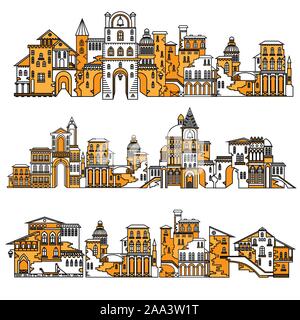 Set of different style and vintage architecture cities. Vector line illustration for tourism web and advertising Stock Vector