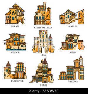Set of different style and architecture cities of Italy. Vector color line icons for tourism web and advertising Stock Vector