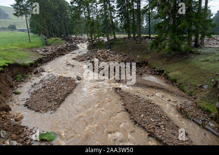 Flood damage around Reeth, North Yorkshire, after a cloudburst in Arkengarthdale, August 2019. Stock Photo