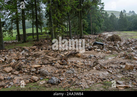 Flood damage around Reeth, North Yorkshire, after a cloudburst in Arkengarthdale, August 2019. Stock Photo