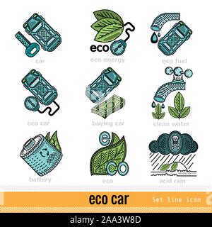 Set of Eco Car Outline Color Web Icons Stock Vector