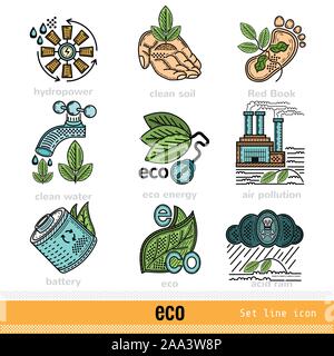 Set of Eco Problems and Decision Outline Color Web Icons Stock Vector