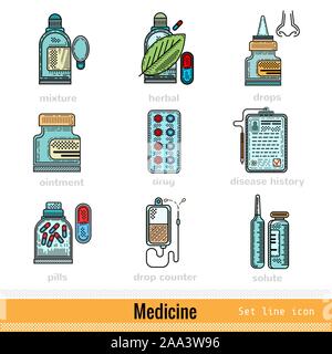 Set of Color Kinds of Medicine Outline Web Icons Stock Vector