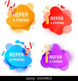 Business Refer friend icon set. Hand holding megaphone with referral program speech bubbles. Referral program sticker, salesperson megaphone marketing Stock Vector