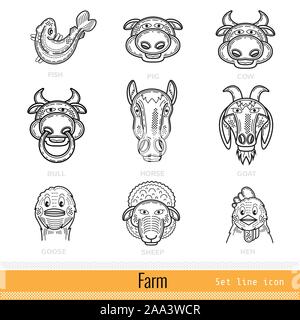Set of Farm Animals Outline Web Icons Stock Vector