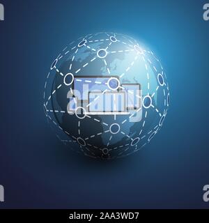 Abstract Blue Global Networks Concept Design Template with Mobile Computing Devices Inside a Transparent Globe - Illustration in Vector Format Stock Vector