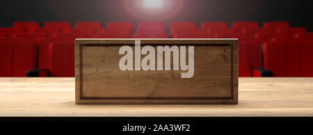 Reservation cinema theater concept. Reserved wood block sign blank template on wood, blur theatre seats background, copy space. 3d illustration Stock Photo