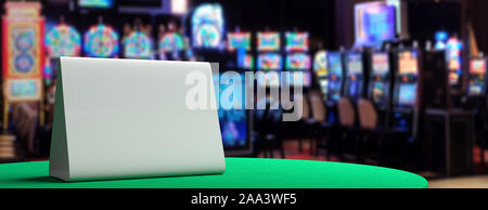 Reservation casino poker concept. Reserved metal tent sign blank template on green felt, blur slot machines room background, copy space. 3d illustrati Stock Photo