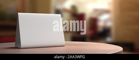 Reservation concept. Table tent blank, reserved card sign template on a round coffee table, blur background, copy space, banner. 3d illustration Stock Photo