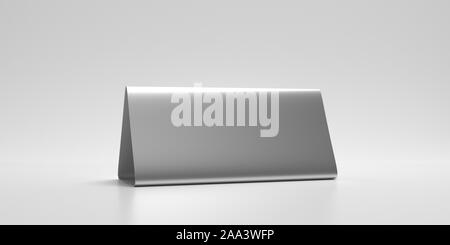 Reservation concept. Table tent blank, reserved card sign template isolated against white background. Metal aluminum silver color, copy space. 3d illu Stock Photo