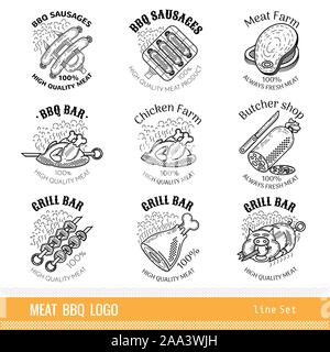 Set of outline line logo. Labels for Meat farm, grill and BBQ bar, butcher shop isolated on white Stock Vector