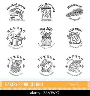 Set of line logo for grain, flour, agricultural company and bakery isolated on white Stock Vector