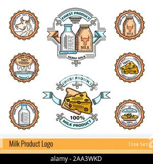 Set of line color logo and round labels for milk farm products Stock Vector