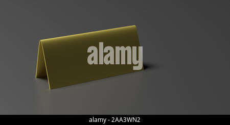 Reservation concept. Table tent blank, reserved card sign template isolated against black background. Metal aluminum gold color, copy space. 3d illust Stock Photo