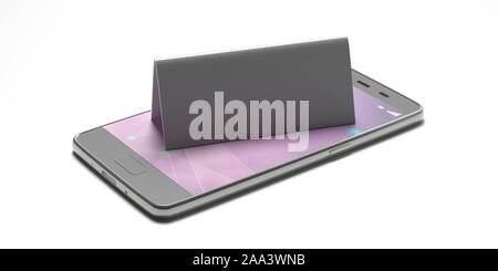 Online reservation concept. Table tent blank, reserved card sign template on a mobile phone isolated on white. Metal aluminum silver color, copy space Stock Photo