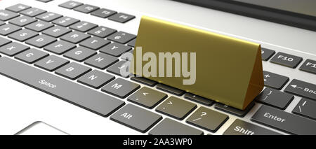 Online reservation concept. Table tent blank, reserved card sign template on a computer keyboard. Metal aluminum gold color, copy space. 3d illustrati Stock Photo