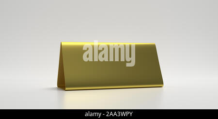 Reservation concept. Table tent blank, reserved card sign template isolated against white background. Metal aluminum gold color, copy space. 3d illust Stock Photo