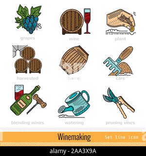 Set of Steps of Winemaking Outline Color Web Icons Stock Vector