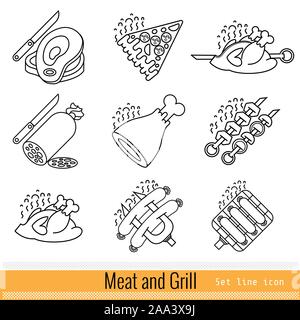 Set of outline simple web icon. Meat grill BBQ Stock Vector