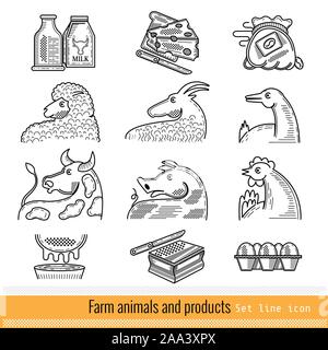 Set of Outline Web Icon. Domestic animals and products Stock Vector