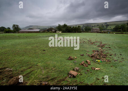 Flood damage around Reeth, North Yorkshire, after a cloudburst in Arkengarthdale, August 2019. Stock Photo