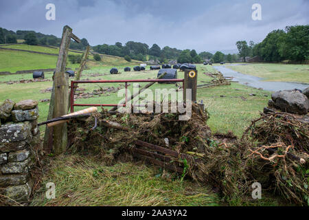 Flood damage around Reeth, North Yorkshire, after a cloudburst in Arkengarthdale, August 2019. Stock Photo