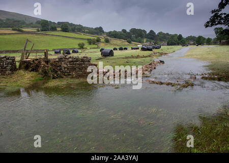 Flood damage around Reeth, North Yorkshire, after a cloudburst in Arkengarthdale, August 2019. Stock Photo