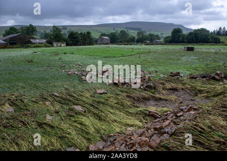 Flood damage around Reeth, North Yorkshire, after a cloudburst in Arkengarthdale, August 2019. Stock Photo