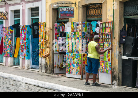 Salvador, Brazil - Circa September 2019: Crafts and souvenir shops at Se Square - historic center of Salvador Stock Photo