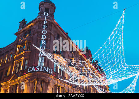LONDON - NOVEMBER 13, 2019: Hippodrome Casino in Leicester Square London at night Christmas lights Stock Photo